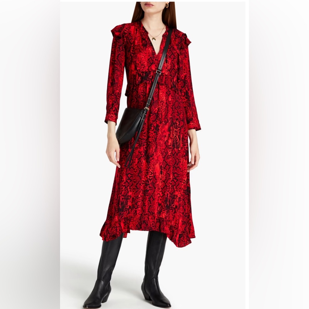 ba&sh Red Snakeskin Crepe Midi Dress. Size Large